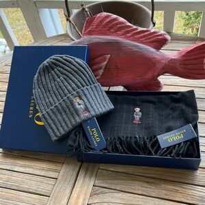 NWT New Polo Ralph Lauren Wool and Cashmere Hat and Scarf Boxed Set Polo Bear